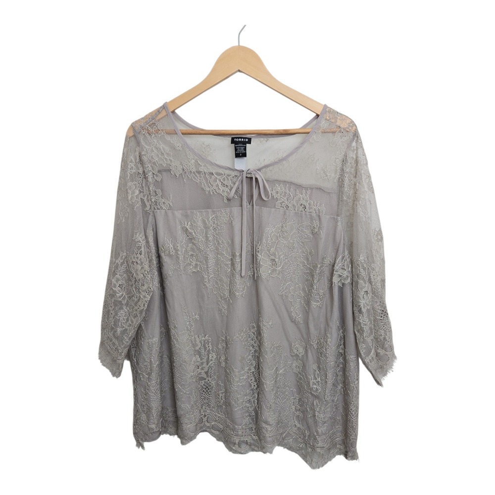 Torrid‎ Lace Overlay Sheer Blouse 3/4 Sleeve Tie Neck Taupe Plus Size 2 Chic